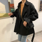 New Lantern Sleeve Loose Black Windbreaker Women's Wild Mid-length Coat