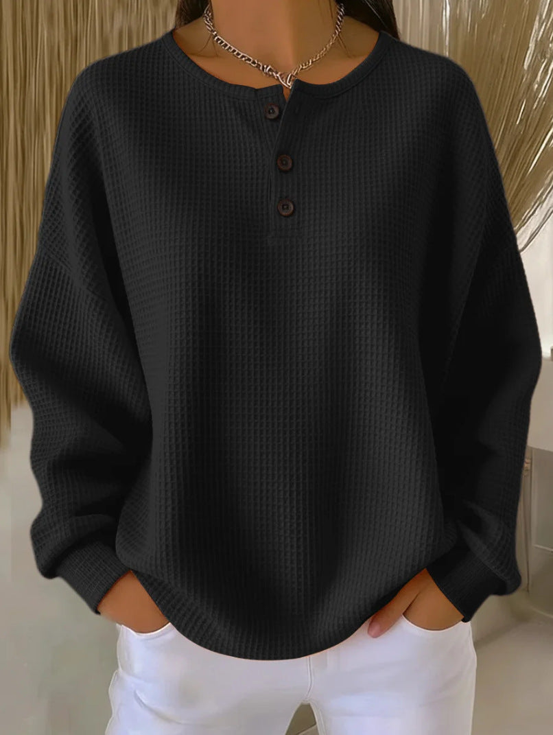 Ins Waffle Long-sleeved T-shirt Fashion Solid Color Buttons Round Neck Pullover Top Women's Clothing