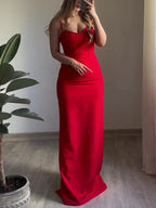 Red Sexy Back Slit Suspender Maxi Dress