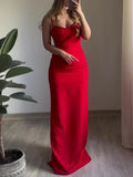 Red Sexy Back Slit Suspender Maxi Dress