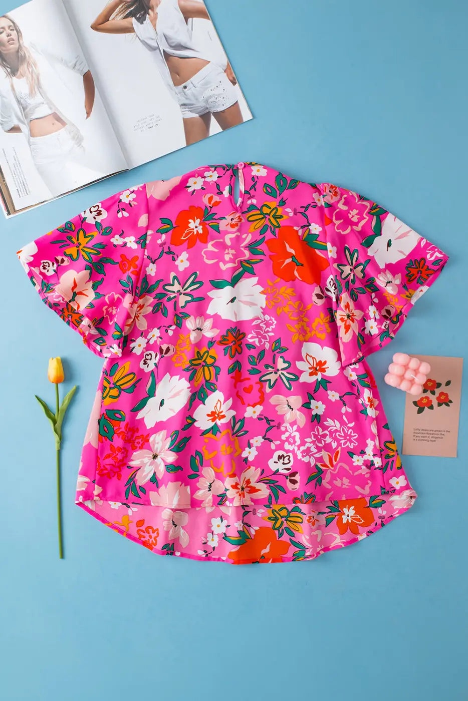 Pink Floral Smocked Short Sleeve Blouse Women UK