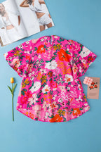 Pink Floral Smocked Short Sleeve Blouse Women UK