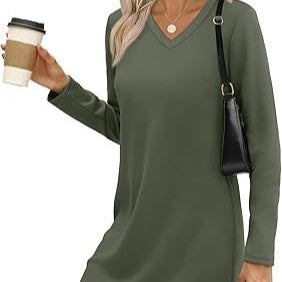 Women's Solid-Color Casual V-Neck Long-Sleeve Knitted Dress