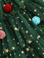 Christmas Little Girl Dress Star Print Square Neck Sleeveless Layered Tulle Dress with Plush Ball Christmas Hat