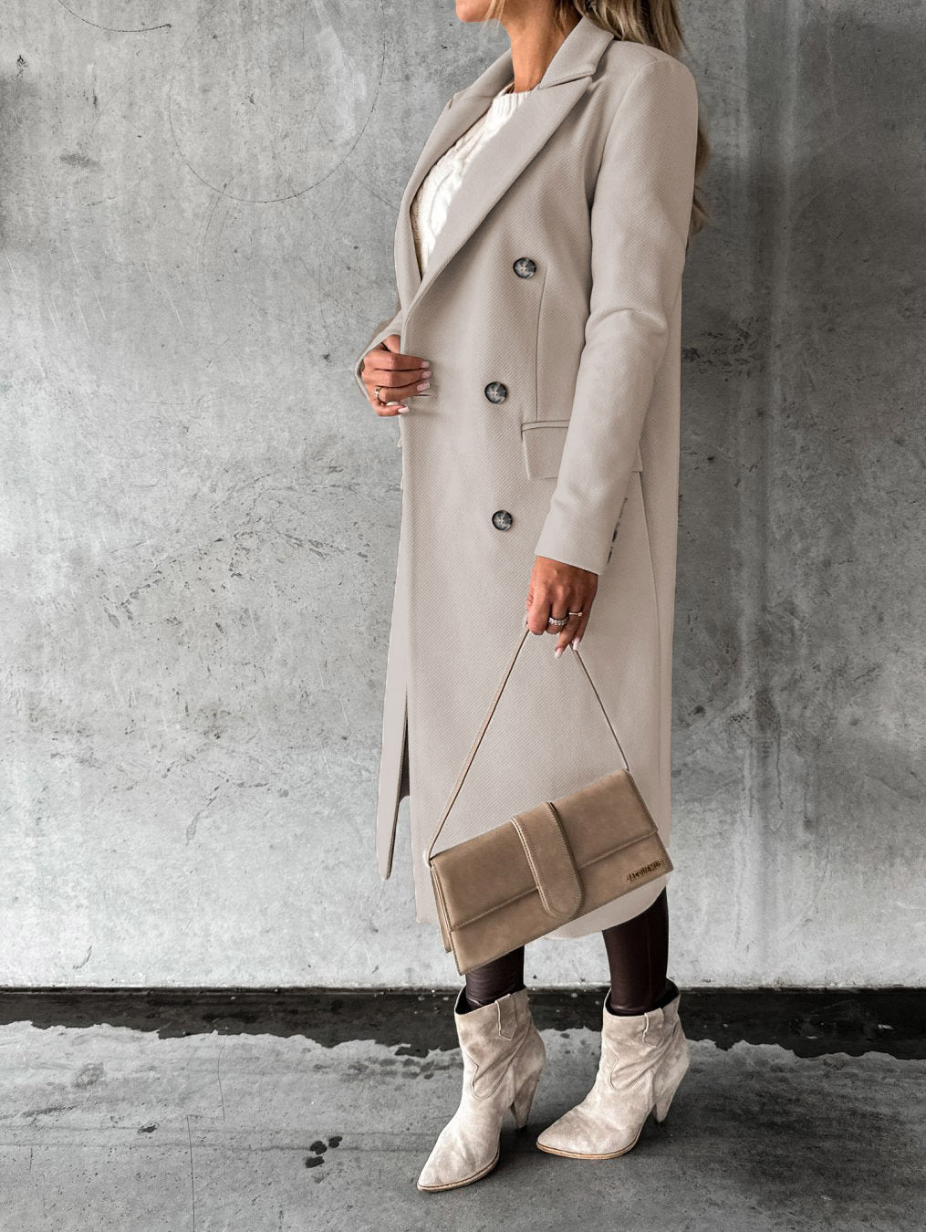 Double Breasted Lapel Coat Winter Fashion Solid Slim Long Jacket Long Sleeve Tops Womens Clothing