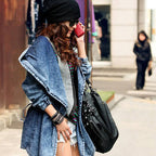 Women's Waist Denim Trench Coat With Long Sleeves Mid-Length Cloak Denim Jacket