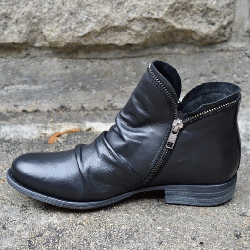 Round Toe Chunky Heel Double Zipper Ankle Boots