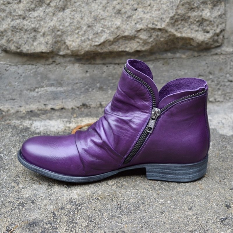 Round Toe Chunky Heel Double Zipper Ankle Boots