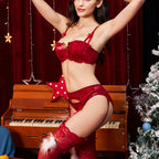 Sexy Lace  Cup Bra Set Christmas Valentine's Day Gift Temptation Stockings Thong