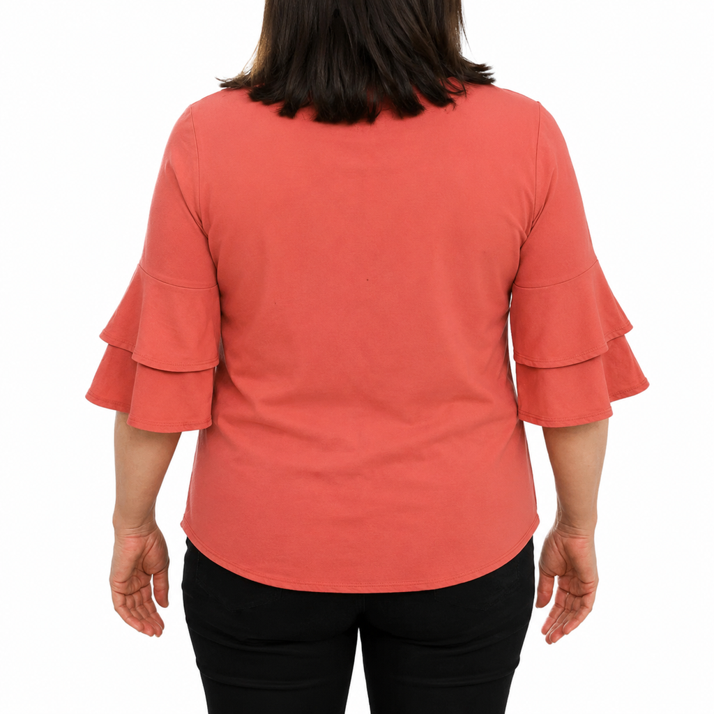 New Ladies Tiered Bell Sleeve Cranberry Loose Fit Top