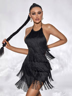 SXY Layered Fringe Trim Tie Backless Halter Dress