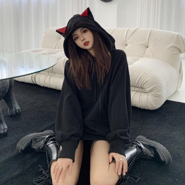Winter hooded sweater black coat women loose