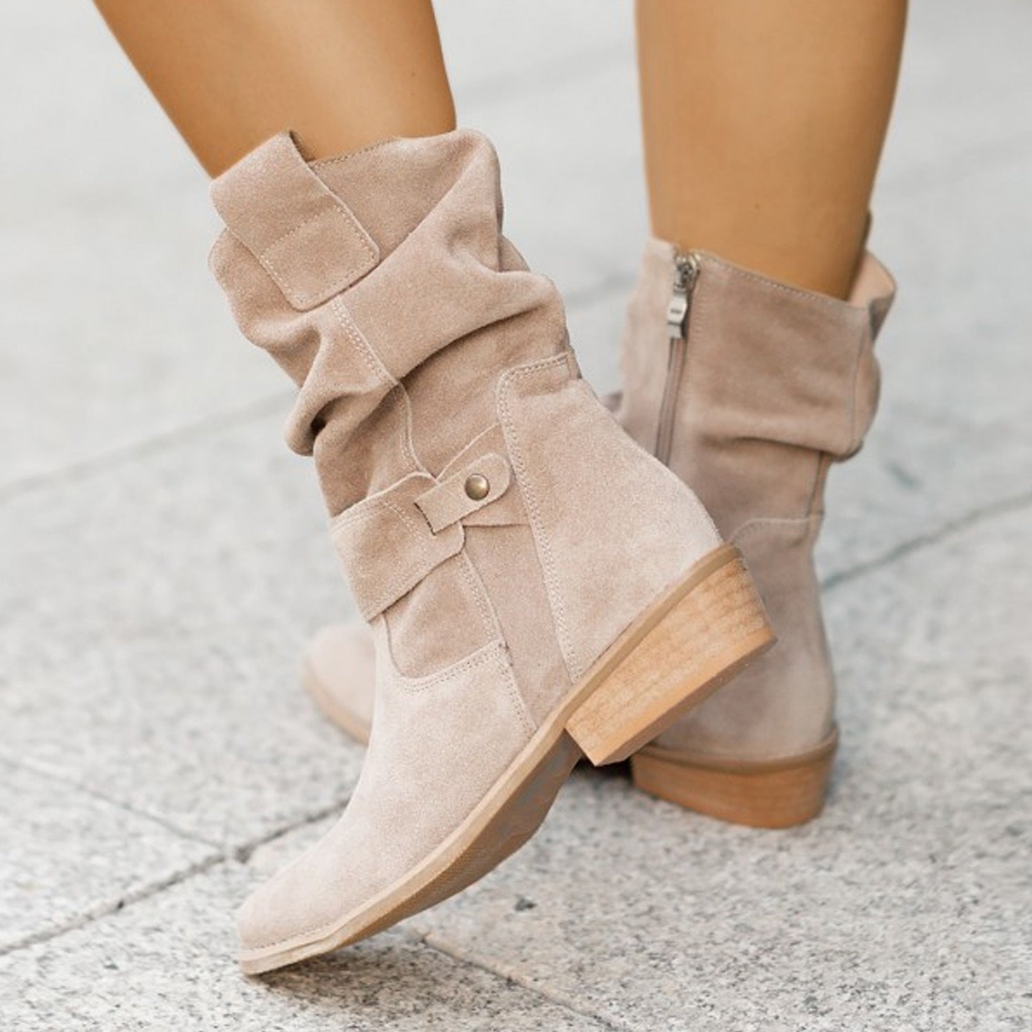Ins Pointed Toe Mid-calf Boots Fashion Suede Zipper Western Boot Winter Shoes For Women