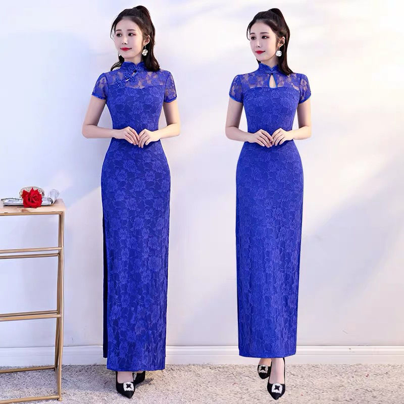 Retro-style modified dance cheongsam lace long high-slit dress