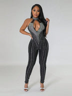 Rhinestone Detail Cut Out Front Halter Neck Backless Unitard Jumpsuit