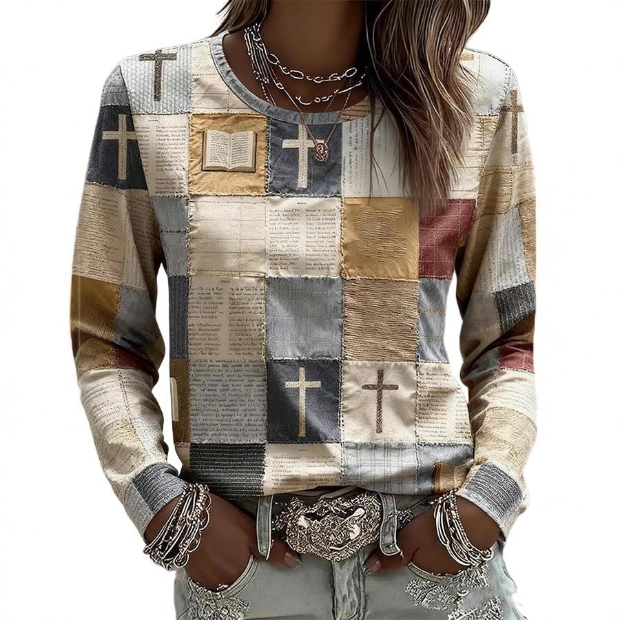 AutumnWinter Womens New Plaid Print Crew Neck Sweatshirt