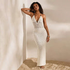 V-neck Knitted Cutout Beach Dress Bikini Swimsuit One-piece Dress