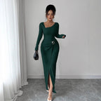 Autumn And Winter Irregular Neckline Solid Color Knitted Texture Long Dress For Women