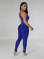 Rhinestone Detail Cut Out Front Halter Neck Backless Unitard Jumpsuit
