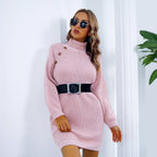 Women’s Winter Turtleneck Sweater Dress Long Sleeve Knitted Dress with Button Detail, Casual Slim Fit Warm Outfit