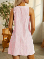 Summer Fashion Striped Patchwork Commuting U-Neck Sleeveless Pockets Back Button Casual Straight Slimming Mini Dress For Women