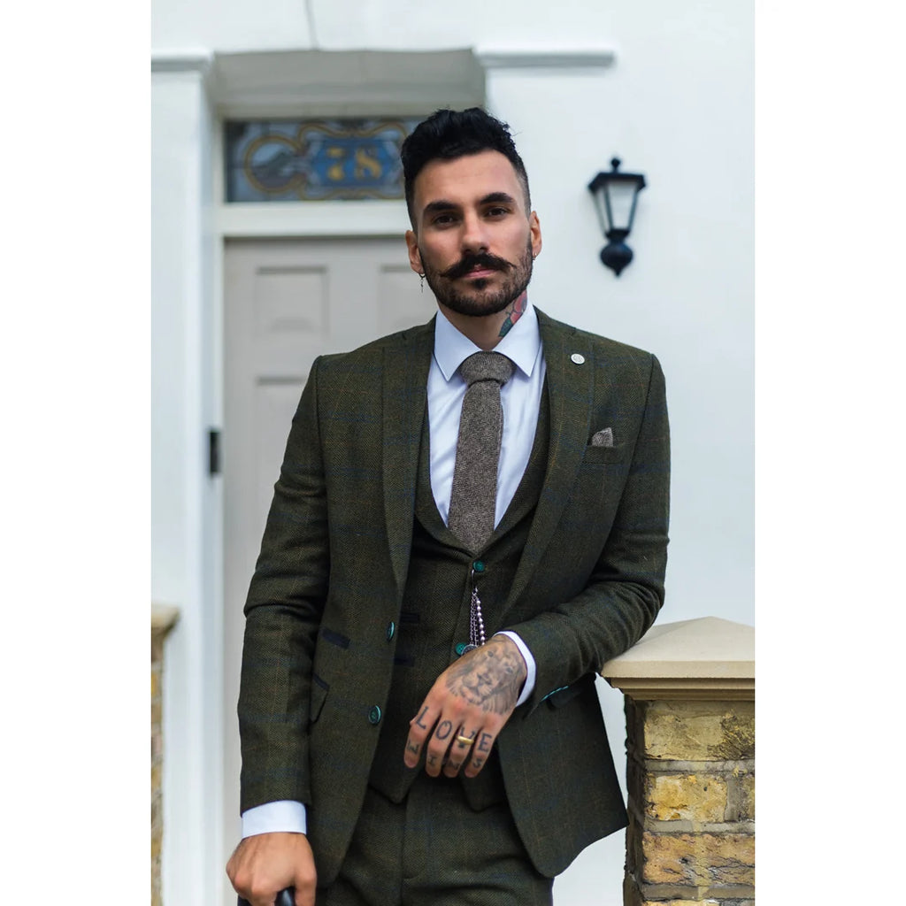 STZ71 - Men's 3 Piece Suit Wool Tweed Green Blue Brown Check 1920s Gatsby Formal Dress Suits