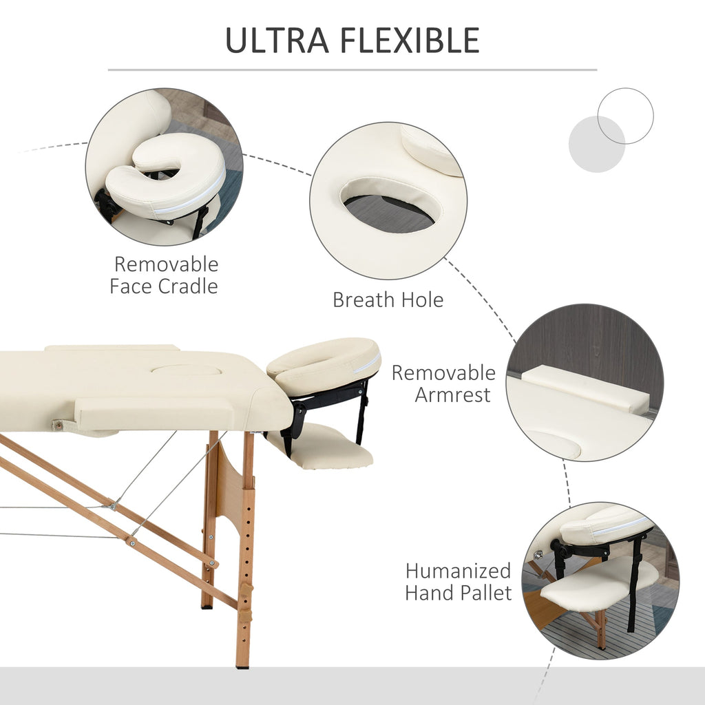 HOMCOM Portable Massage Bed, Folding Spa Beauty Massage Table with 2 Sections, Carry Bag and Wooden Frame, Cream