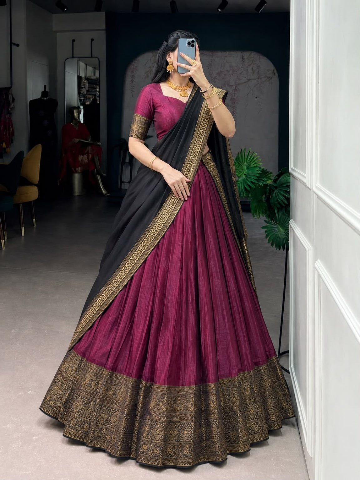 Midnight Vasudha Half Saree Set (Black & Wine)