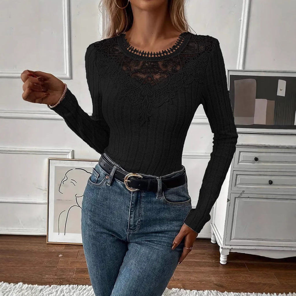 Women's New Arrival Fashionable Casual V-Neck Lace Long-Sleeve Top