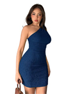 Elegant One Shoulder Textured Asymmetrical Bodycon Sleeveless Dress