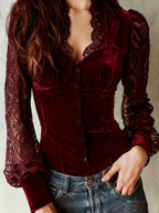 Women's French-style Black Velvet And Lace Patchwork Top