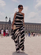 Zebra Print One Shoulder Top Irregular Hem Wide Leg Pants Suit