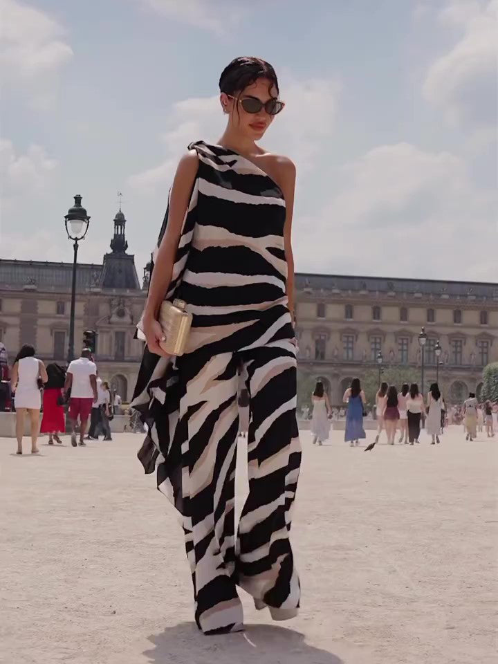 Zebra Print One Shoulder Top Irregular Hem Wide Leg Pants Suit