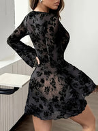 Women's Solid-Color Elegant Round-Neck Long-Sleeve Mesh-Patchwork Sheath Dress