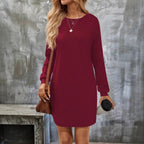 Women's Long-Sleeve Round-Neck Knitted Solid-Color Dress
