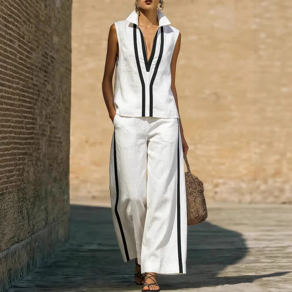 Womens Contrasting-Color Sleeveless Single-Breasted Vest And Drawstring Pants Set