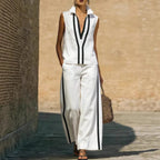 Womens Contrasting-Color Sleeveless Single-Breasted Vest And Drawstring Pants Set