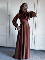 Women's Satin Plunge Neck Long Sleeve Maxi Dress - Elegant Evening Gown