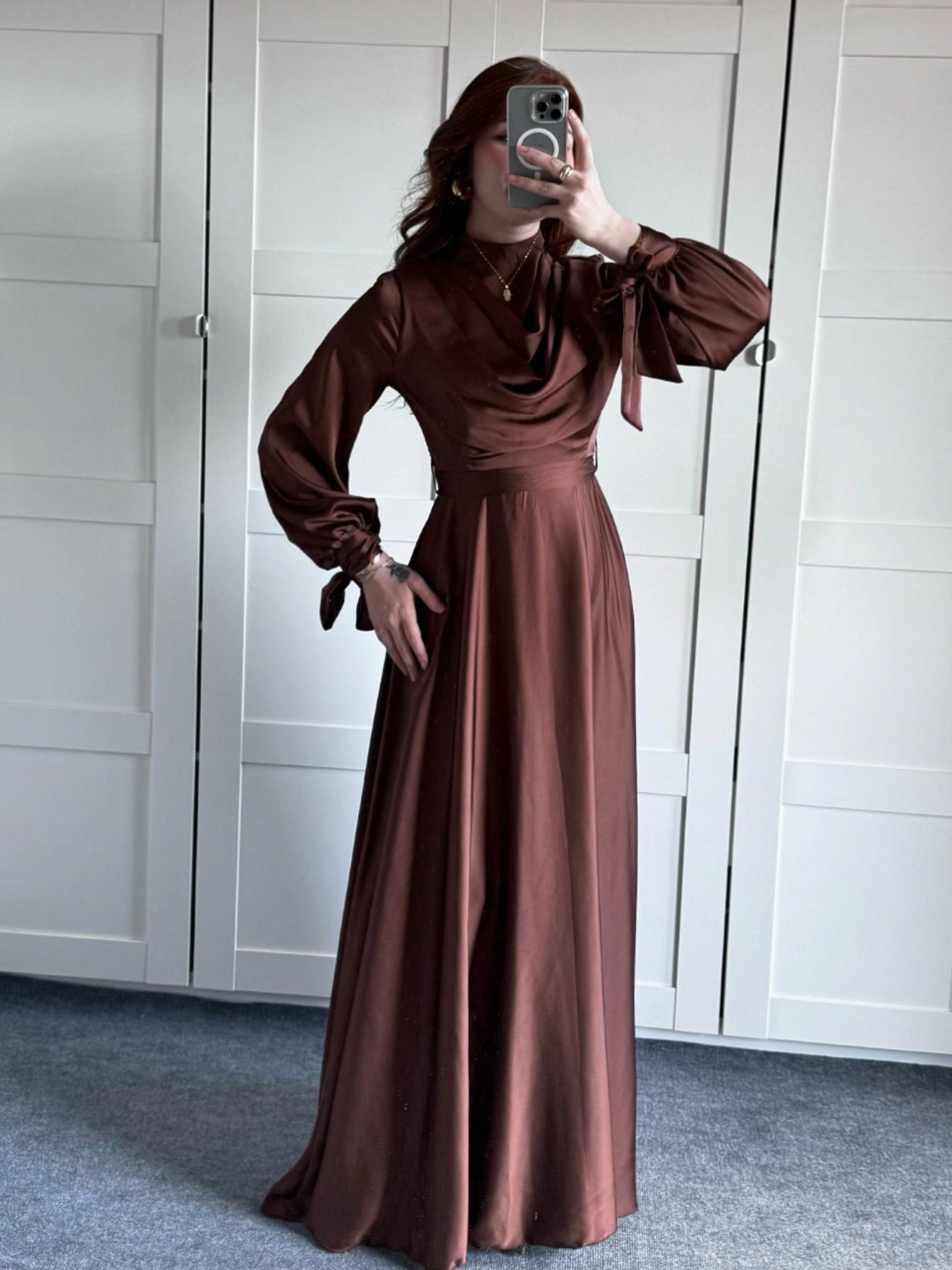 Women's Satin Plunge Neck Long Sleeve Maxi Dress - Elegant Evening Gown