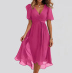 Chiffon Printed Short Sleeve Dress Summer Elegant V-neck Dresses Womens Clothing