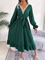 Women's Elegant V-Neck Lace Waist-Defined Hem Ruffle Maxi Dress