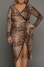 Brown Leopard Wrap V Neck Plus size Dress with A Slit