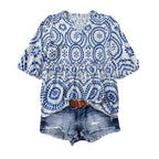Women's Vintage-print Loose-fit V-neck Short-sleeve Blouse