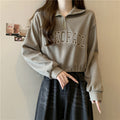 Drawstring Hem POLO Neck Sweatshirt Womens Loose Petite Short Half-Zip Top