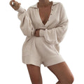 Long Sleeve Solid Color Pocket Jumpsuit Casual Home Wear