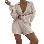 Long Sleeve Solid Color Pocket Jumpsuit Casual Home Wear