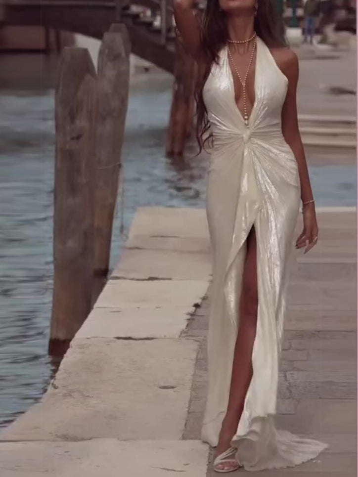White Halter Neck Deep V Sleeveless Dress