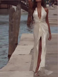 White Halter Neck Deep V Sleeveless Dress