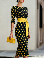 Retro Polka-dot Navy Blue Belted Waist-hugging Elegant Dress