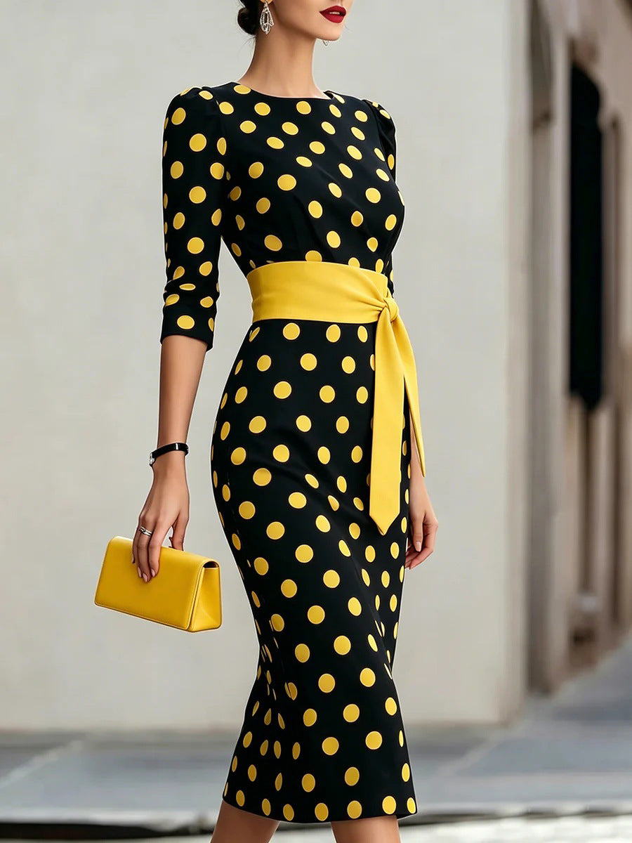 Retro Polka-dot Navy Blue Belted Waist-hugging Elegant Dress